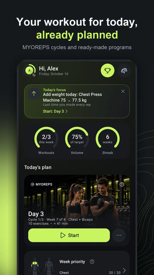 Today screen: the next workout of the plan, a hint to add weight, weekly rings