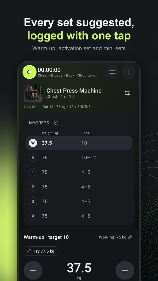 Workout screen: suggested weight and reps for every set